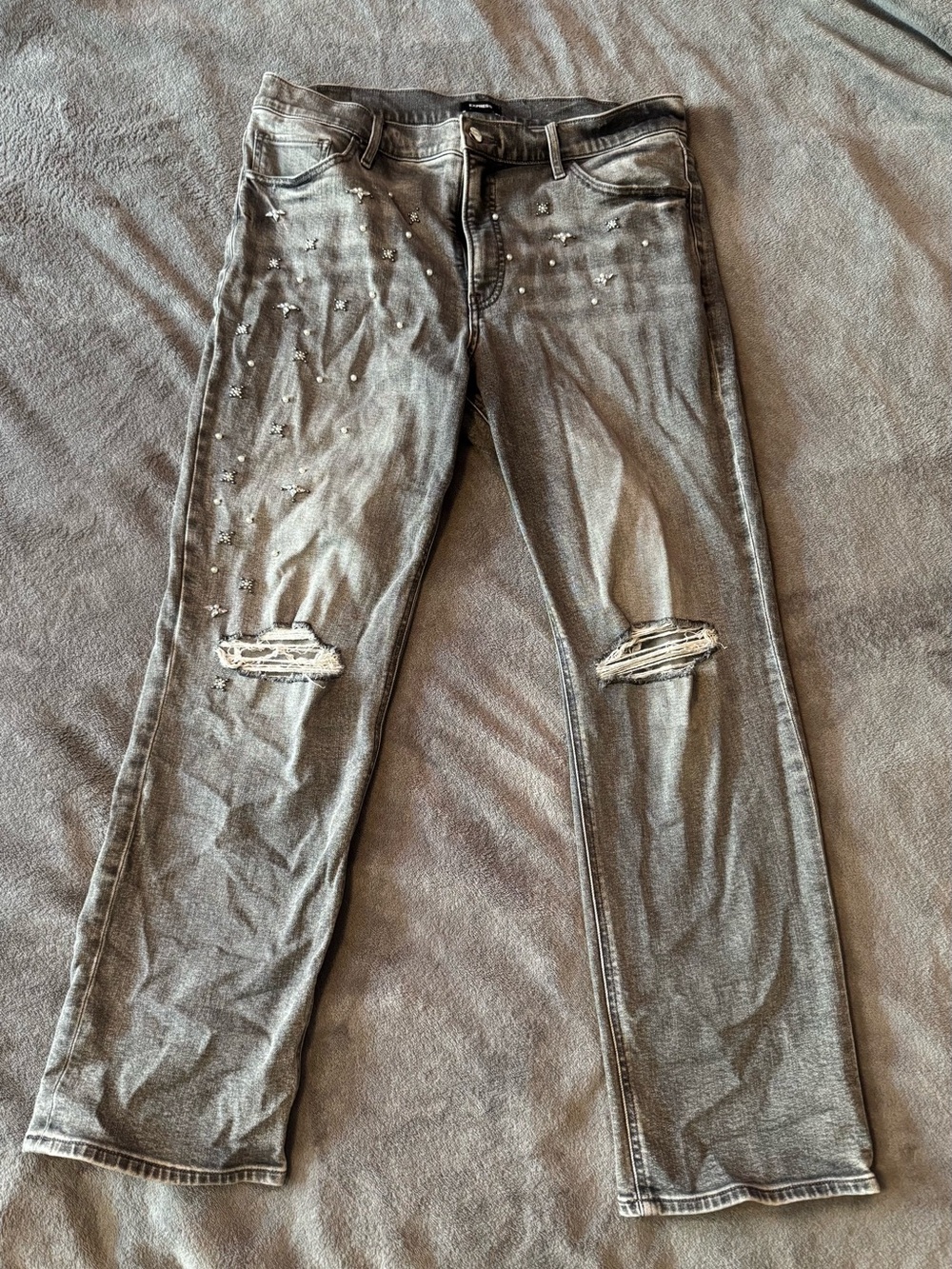 Distressed Grey Women’s Slim Straight Jeans with Embellished Pearl Bead Details